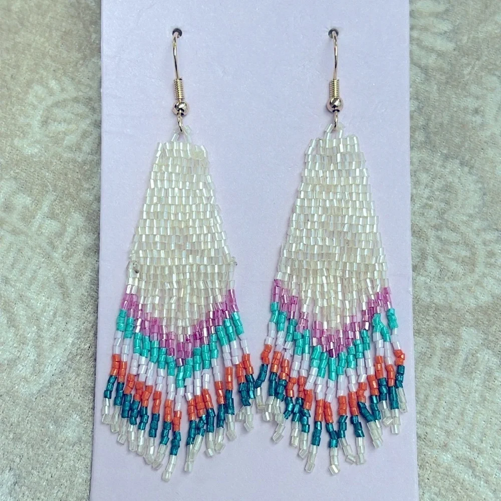 Brand New I Am Colorful Lightweight Glass Seed Beaded Drop Earrings Tribal Aztec